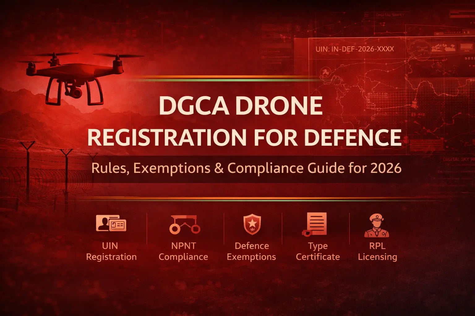 DGCA Drone Registration for Defence 2026 banner featuring defence drone, UIN process, NPNT compliance and Digital Sky dashboard background.