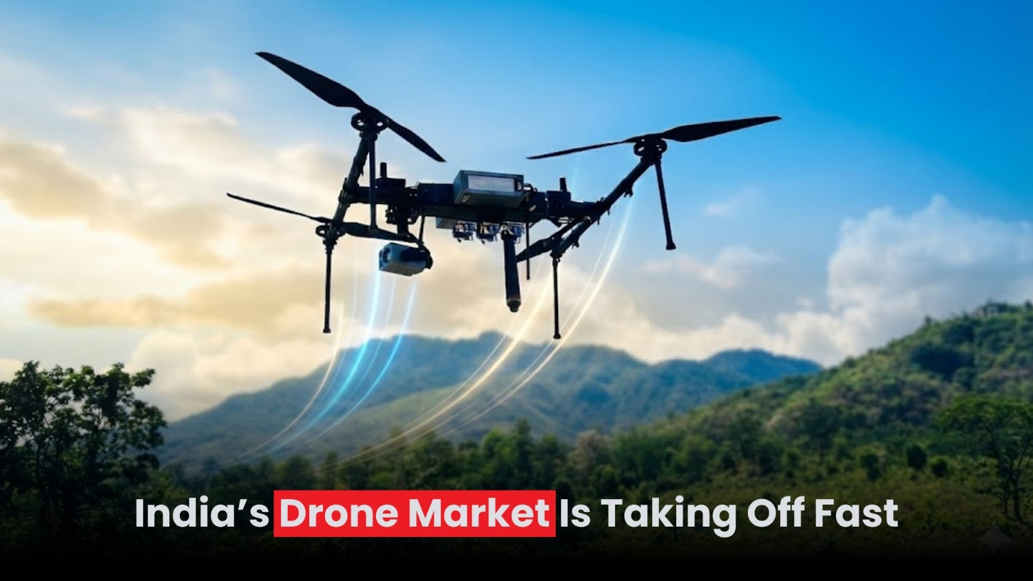 Indian drone flying over mountains showcasing rapid growth of India’s drone market and FPV industry