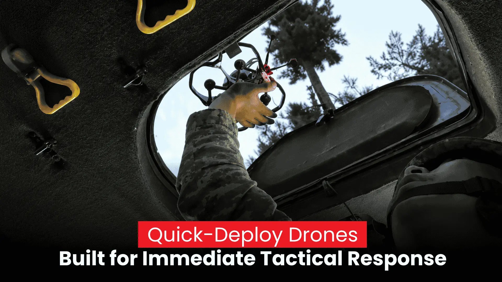 Quick-deploy tactical FPV drone being launched from an armored vehicle during rapid military surveillance operation