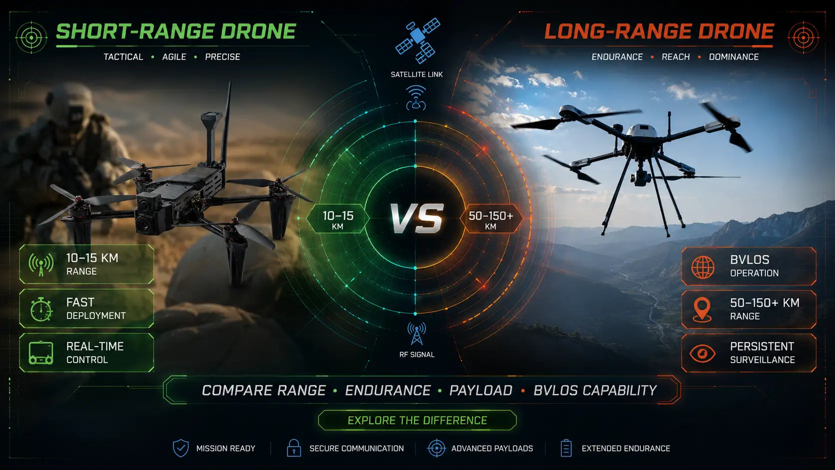 Short-range vs long-range drone comparison banner showing tactical quadcopter and BVLOS surveillance drone with range, endurance, payload, and real-time control features