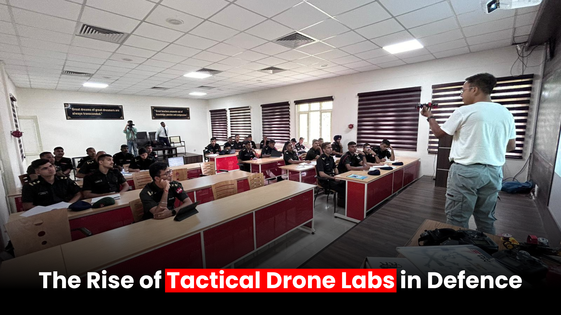 Engineers testing tactical drones inside a defence research lab in India, showcasing innovation in military UAV technology
