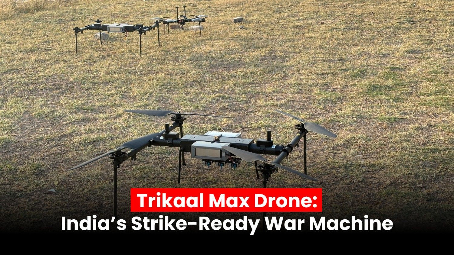 A white, strike-ready VTOL UAV – Trikaal Max drone – mid‑air with multi‑rotor in clear sky