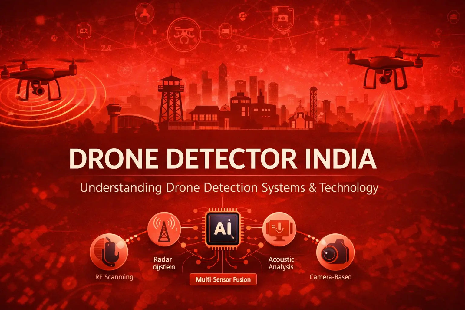 Drone Detector India blog post featuring drone surveillance over city skyline and multi-sensor AI detection system illustration