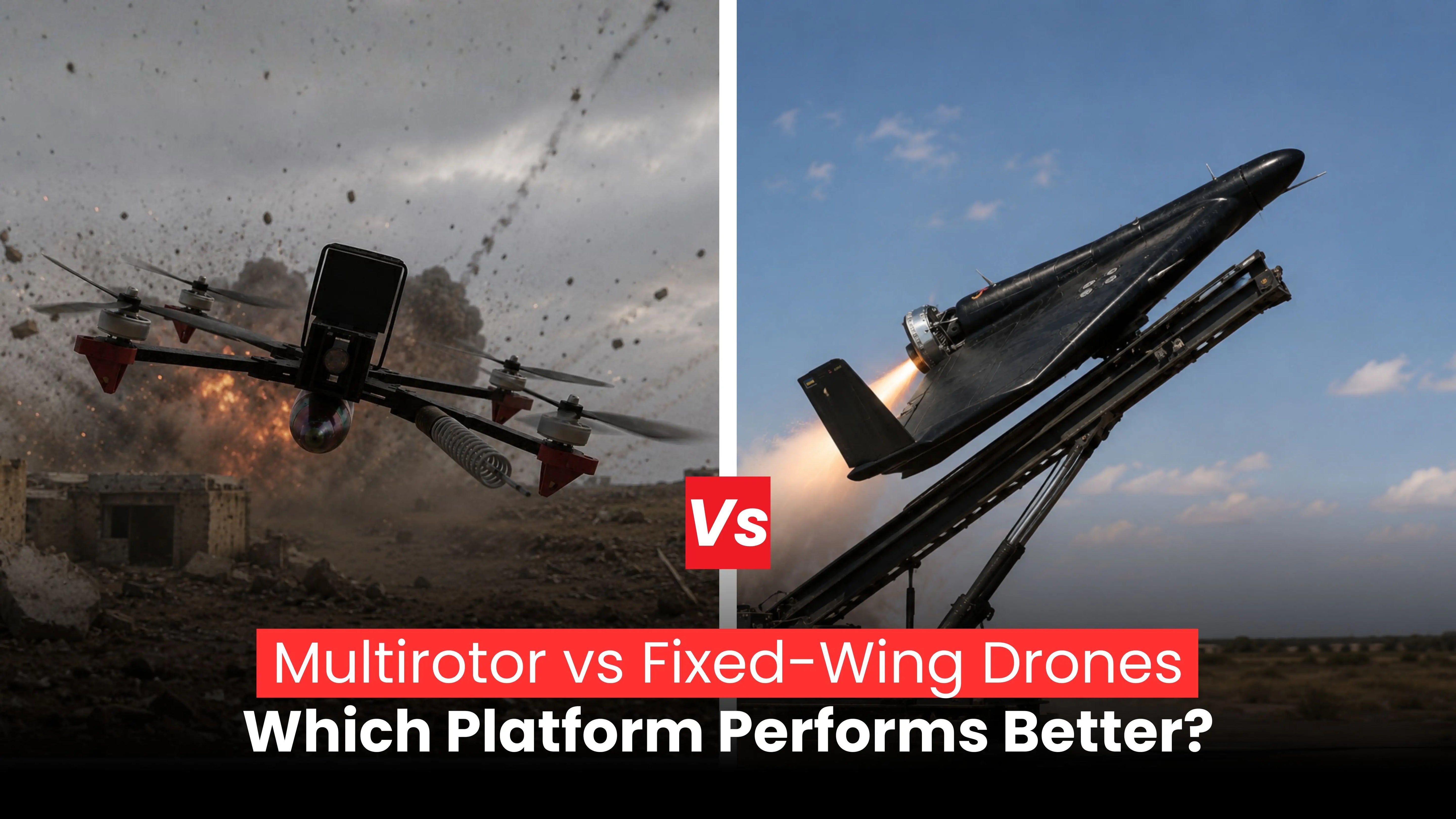 Comparison banner showing a multirotor drone and fixed-wing drone for a performance analysis article