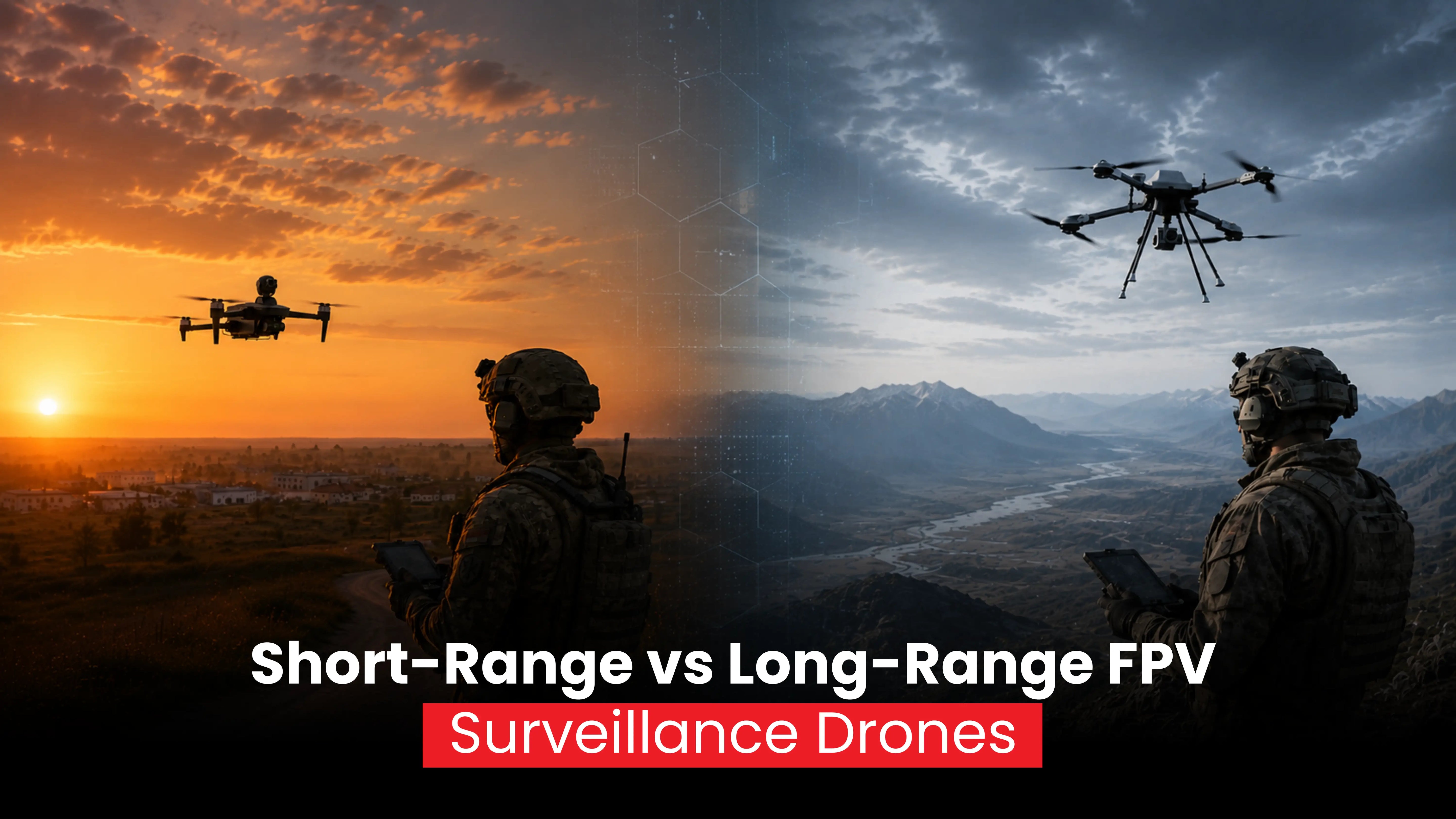 Short-range vs long-range drone comparison banner showing tactical quadcopter and BVLOS surveillance drone with range, endurance, payload, and real-time control features